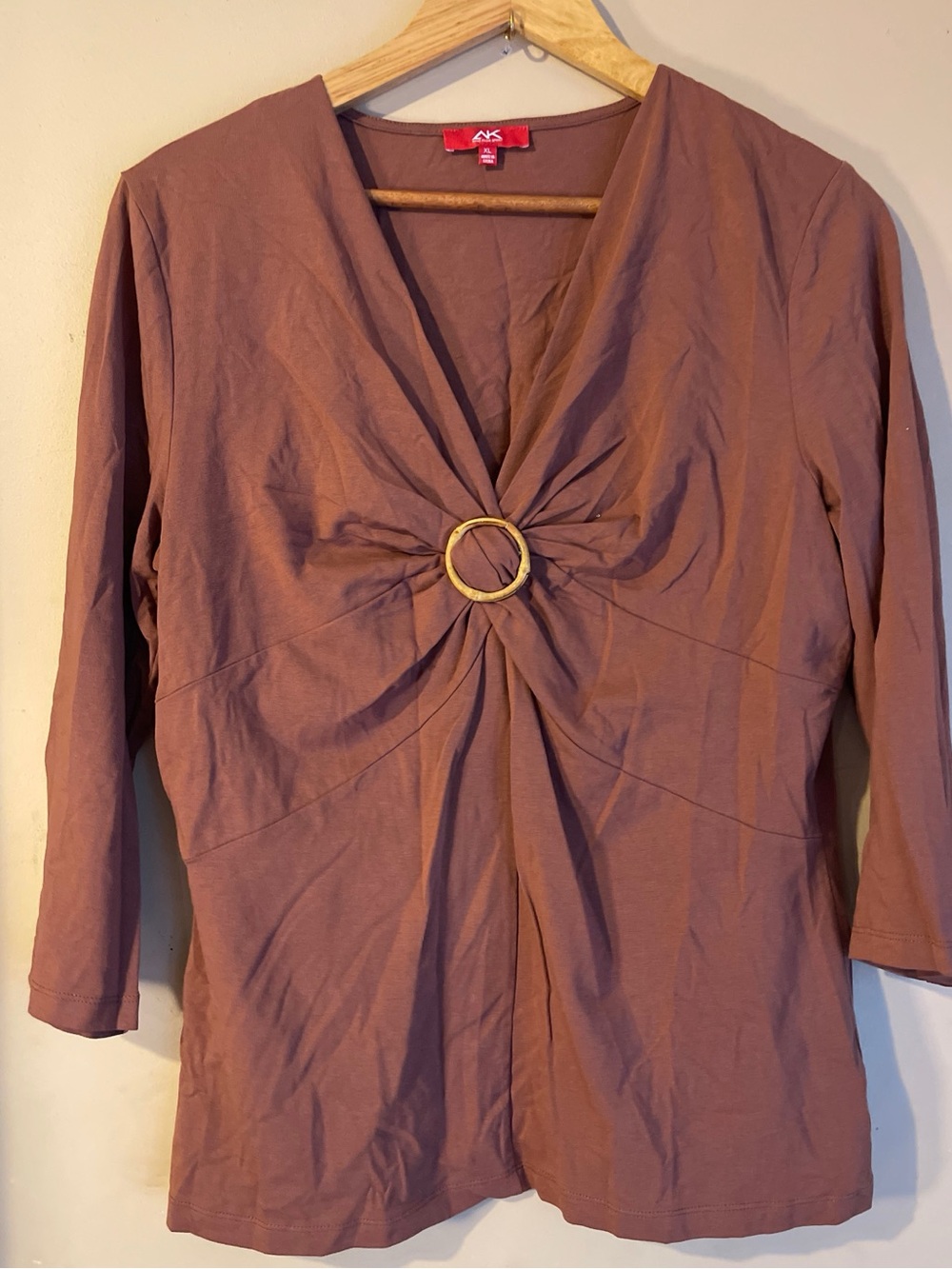 Anne Klein Mauve Dusty Rose Gold O Ring Gathered V Neck 3/4 Sleeve Top XL